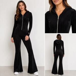 Fabletics Plush Rib Hooded Jumpsuit Women’s XS Black Velour Flare Leg NWT